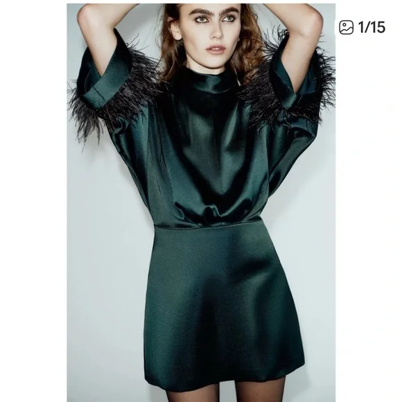 Zara Satin Emerald Green Feather Cuff Mini Dress - Picture 3 of 6
